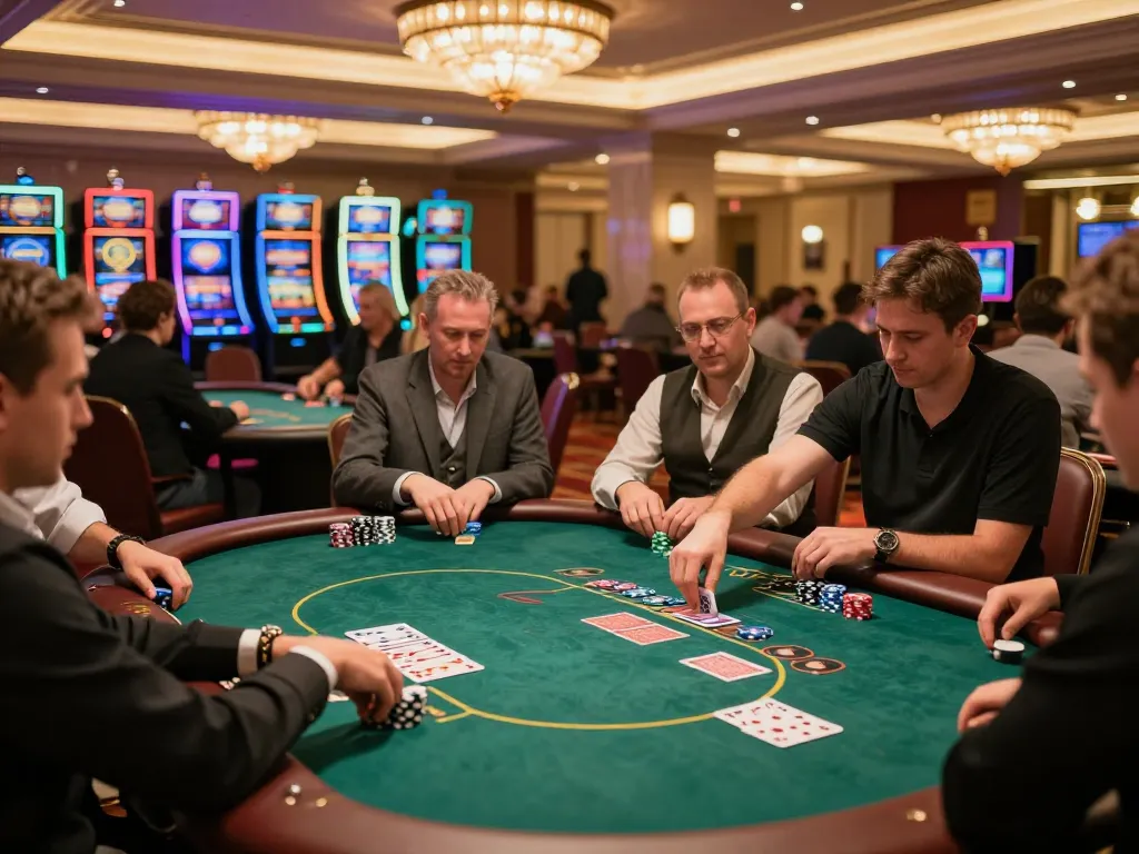 Pemain SBOBET88 dengan semangat terlibat dalam permainan poker dengan taruhan tinggi di sebuah kasino mewah
