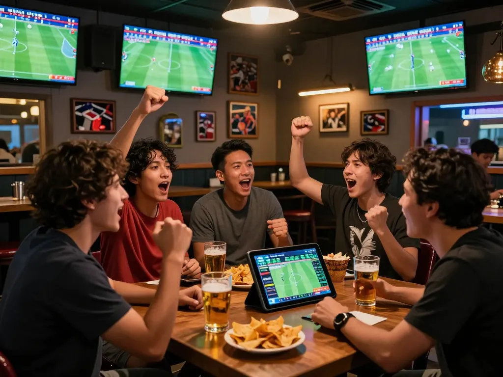 Exciting football betting atmosphere celebrating Judi Bola in a lively sports bar.
