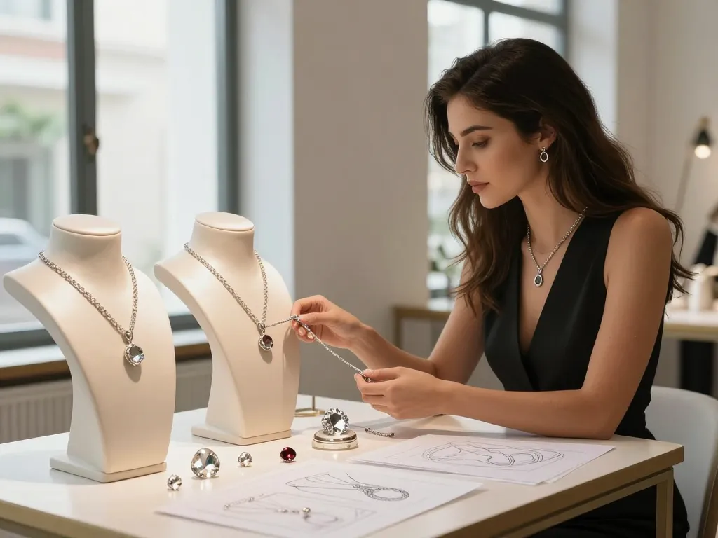 Beautiful silver necklaces displayed in an elegant setting with a model choosing a piece, highlighting сребърни колиета.
