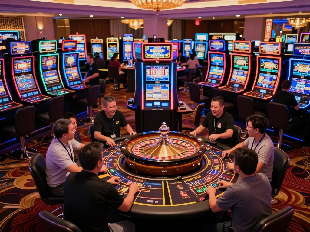 LUCKY88 casino gaming scene depicting players excitedly interacting at active slot machines and roulette tables