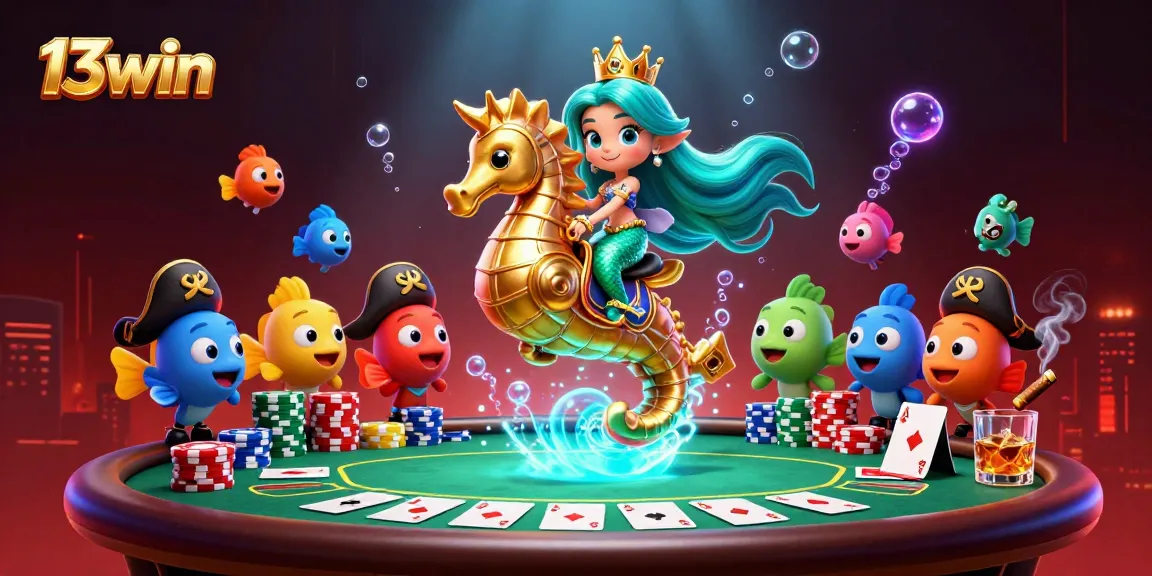 Immerse in the vibrant world of 13win, where a mermaid princess navigates a sea of poker chips amidst swirling bubbles.