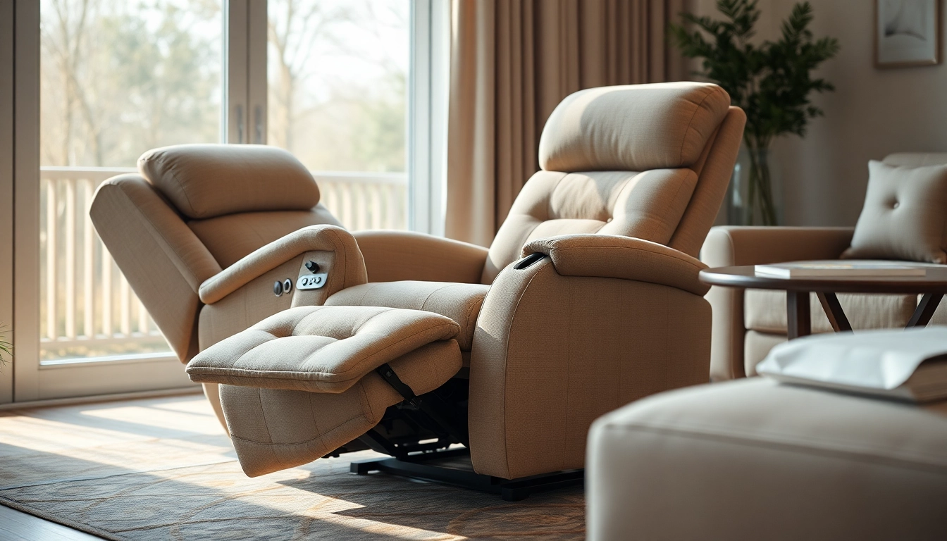 Comfortable power lift recliner with heat and massage showcased in a serene living room setup.