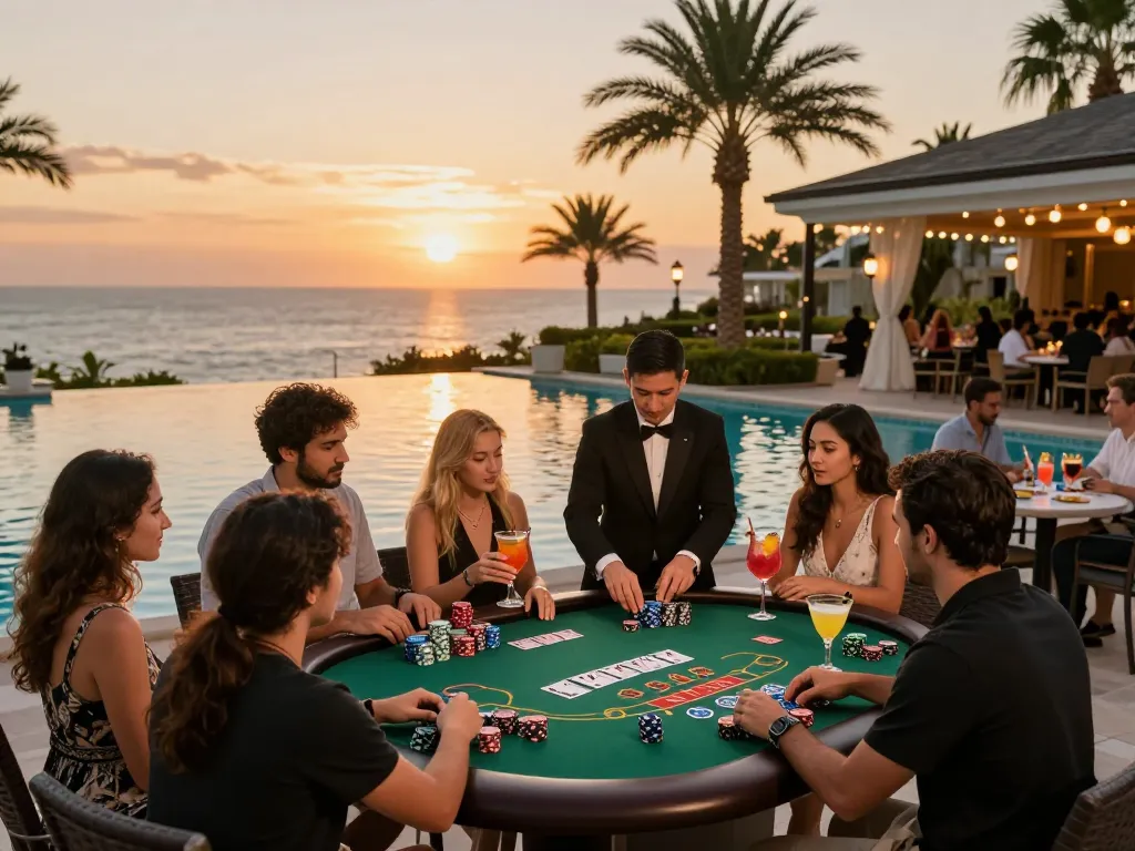 Play debet blackjack poolside with friends in a lively outdoor casino setting at sunset.