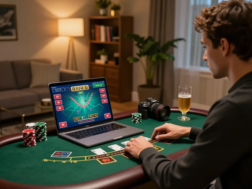 Sunwin player engaging in live dealer blackjack at a modern desk, enhancing online gaming excitement.