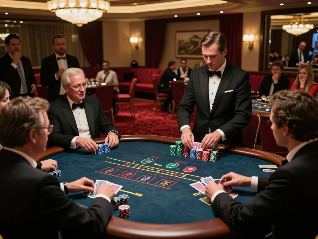 LEMACAU blackjack game in a luxurious casino, professional dealer engaging players with strategic gameplay