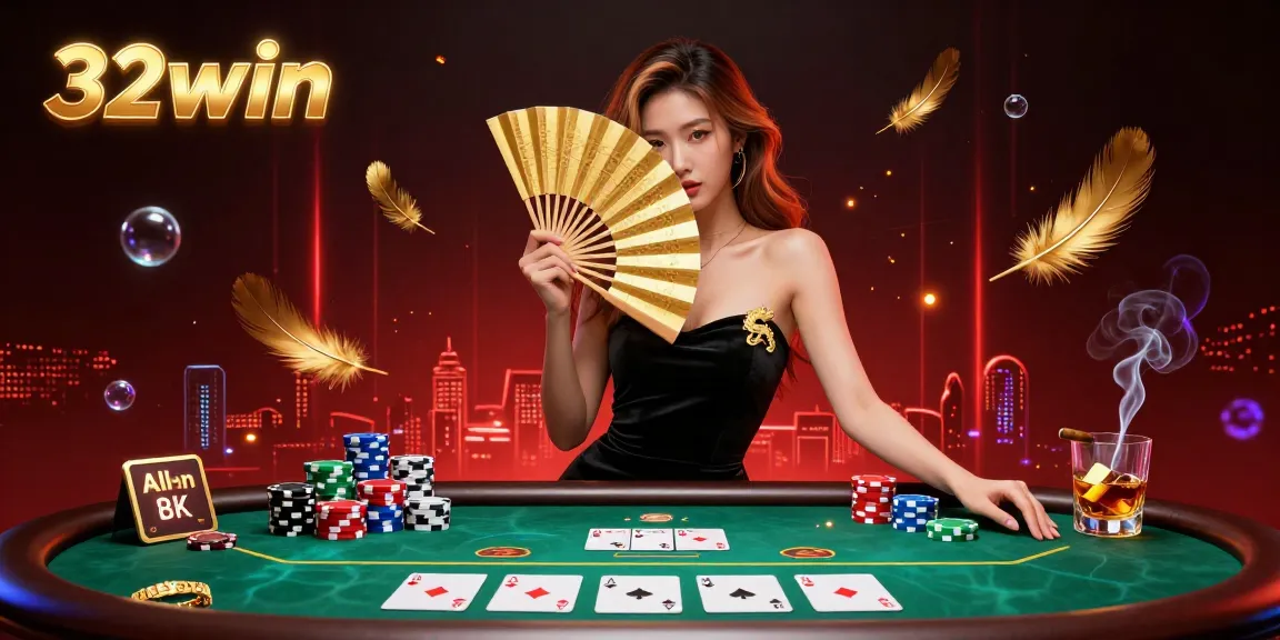 Experience the thrilling atmosphere of 32win with a captivating illustration of poker action featuring a stylish Asian woman.