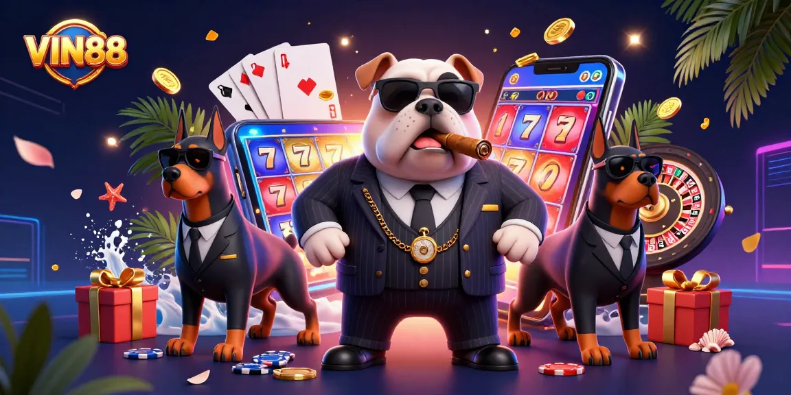 Experience thrilling wins at VIN88 with our dynamic casino illustration featuring slot games and exciting characters.