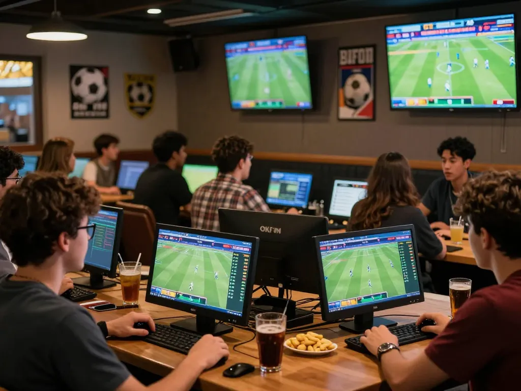 Dynamic sports betting scene featuring enthusiastic bettors engaging with OKFUN's live betting interface in a lively venue.