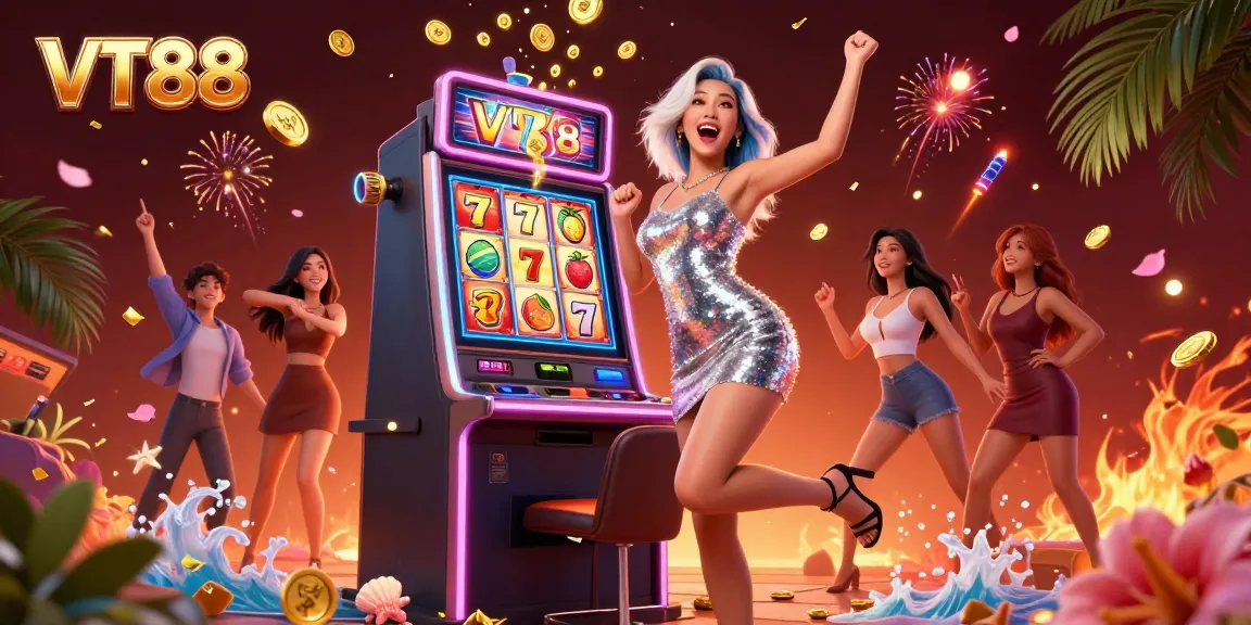 Engage in thrilling slots action with VT88, featuring a celebratory win at the jackpot machine amid a vibrant casino atmosphere.