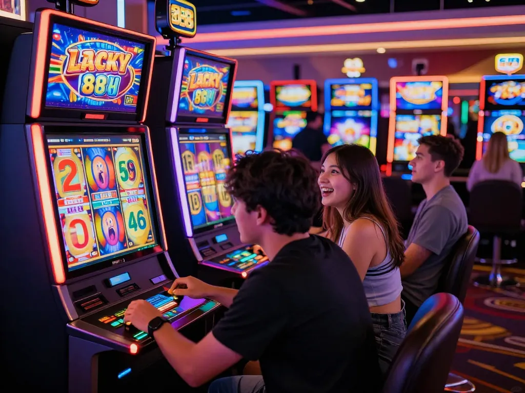 Engaged players celebrating wins at the Lucky 88 slot machine in a vibrant casino atmosphere.