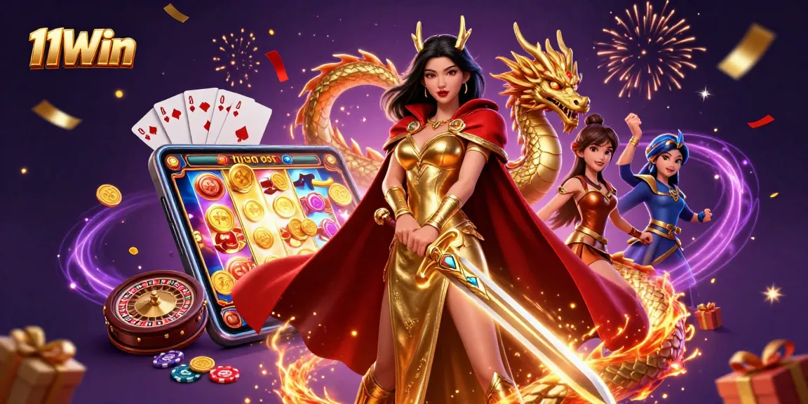 11Win gaming illustration with vibrant casino elements, showcasing a warrior queen and dragon.