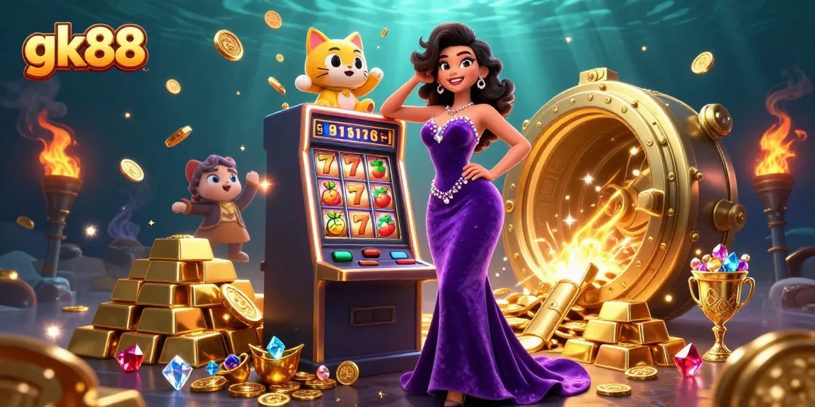 Join gk88 at the jackpot with casino characters surrounded by slot elements and treasures.