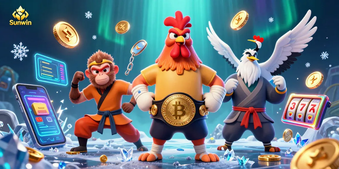 Experience thrilling casino games with Sunwin in a vibrant 3D illustration featuring animated characters.