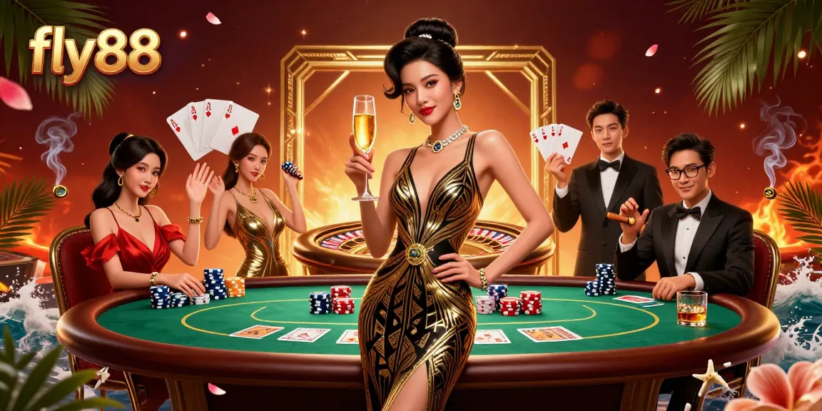 Experience exciting wins at fly88 with a glamorous casino atmosphere featuring gaming tables and vibrant decor.