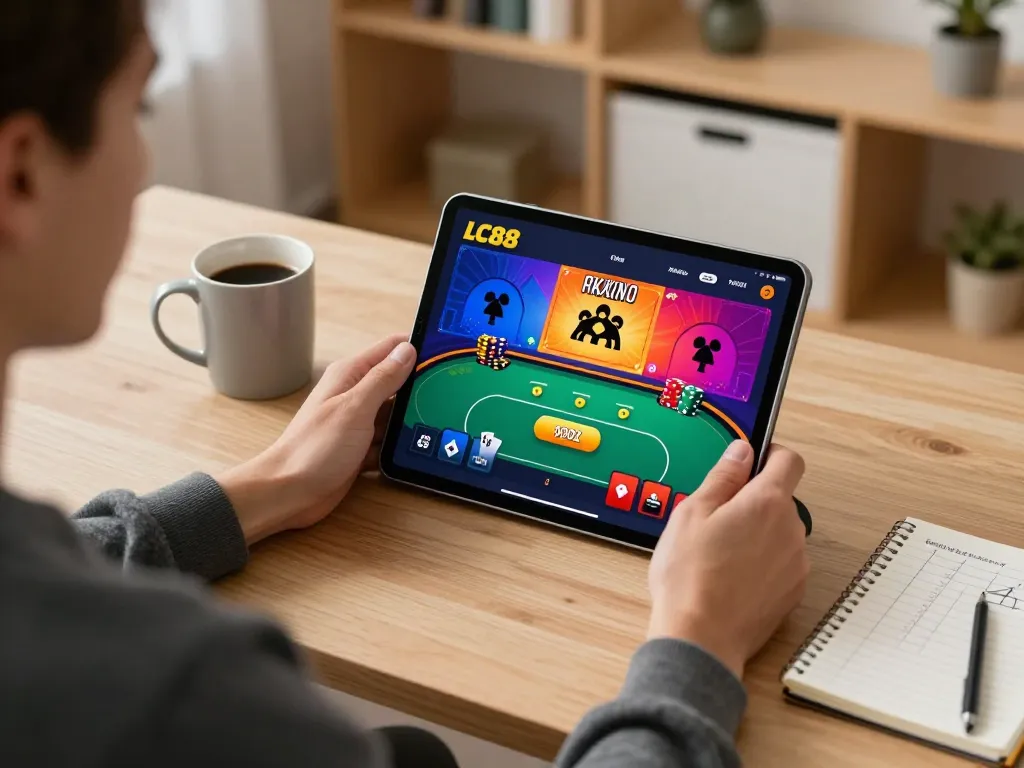 Person playing poker on the LC88 app in a cozy home office, showcasing strategy and fun