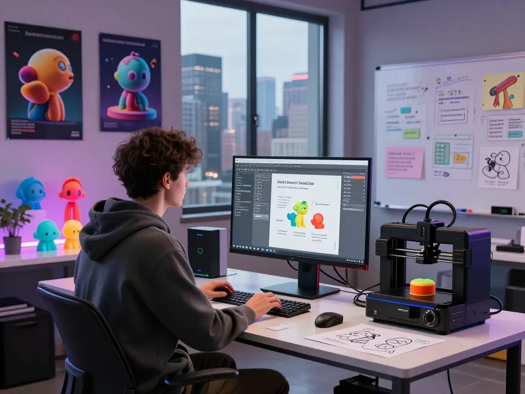 Creating stunning 3D models from text to 3D in a vibrant tech workspace environment.