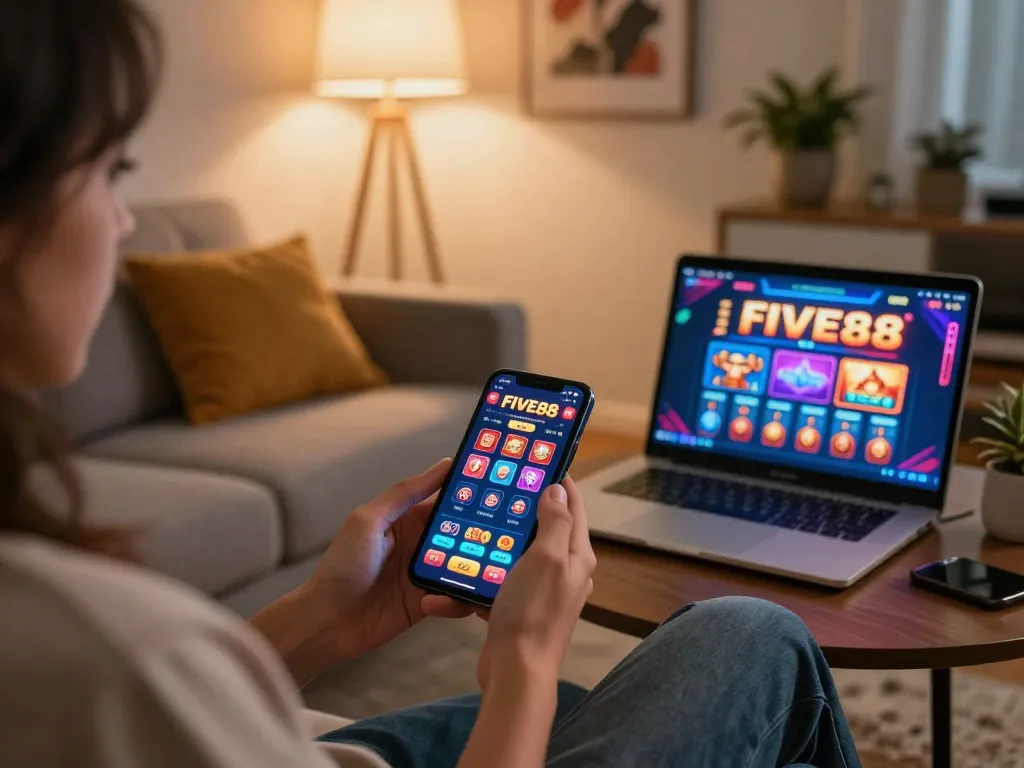 Experience thrilling moments at five88 while enjoying mobile gaming in a cozy home setting.
