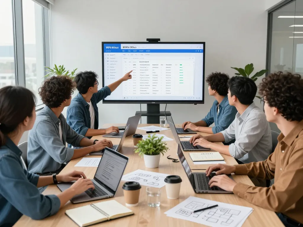 A diverse team collaborating over WPS Office features in a modern workspace.
