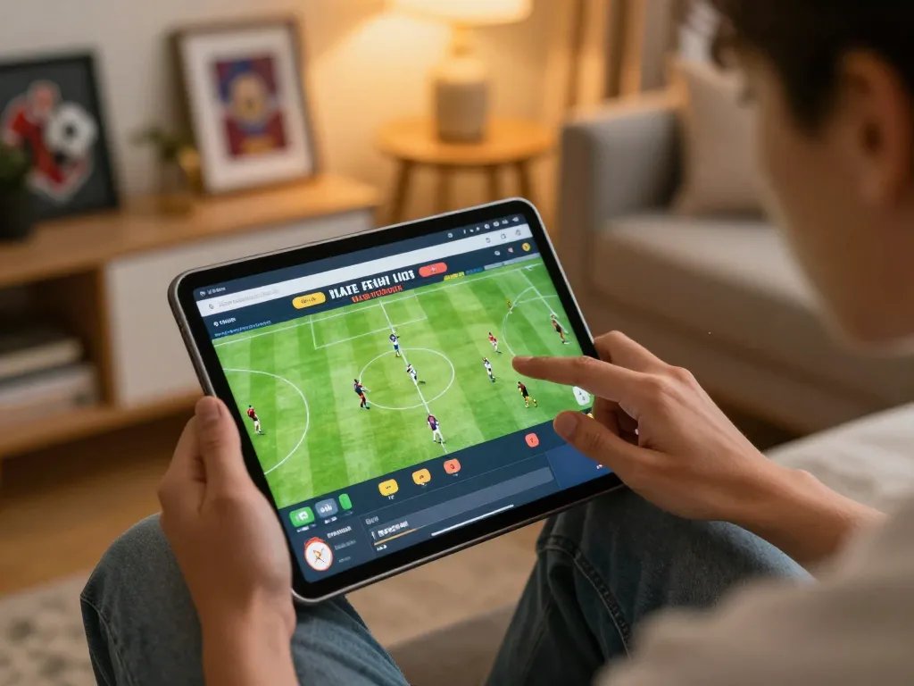 Xoilac TV user engaging with online betting platform on tablet, showcasing exciting soccer match interface