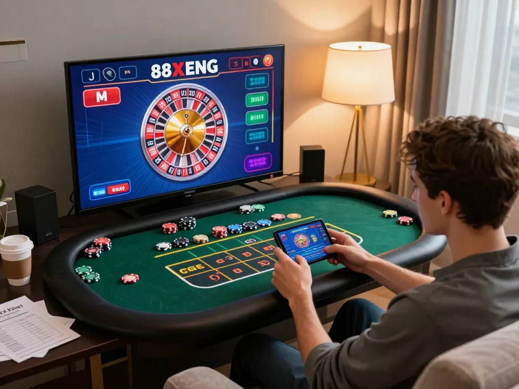 Engaged player navigating 88xeng mobile roulette game in a cozy setup.
