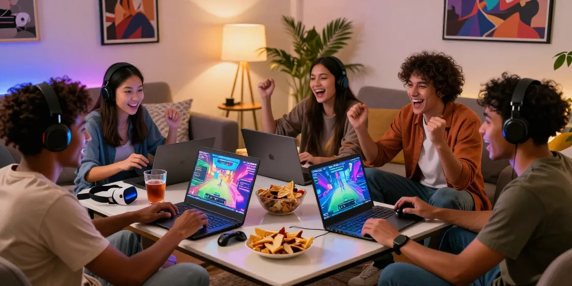 Group of friends enjoying an adult game in a cozy living room with laptops and snacks.
