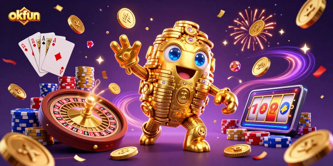 Experience okfun casino excitement with a golden golem, spinning roulette, and vibrant gambling elements.