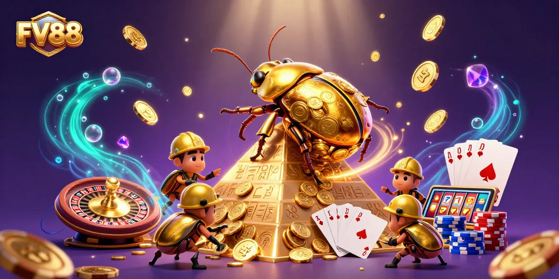 Experience FV88's thrilling casino world with golden coins, spinning roulette, and vibrant gaming elements.