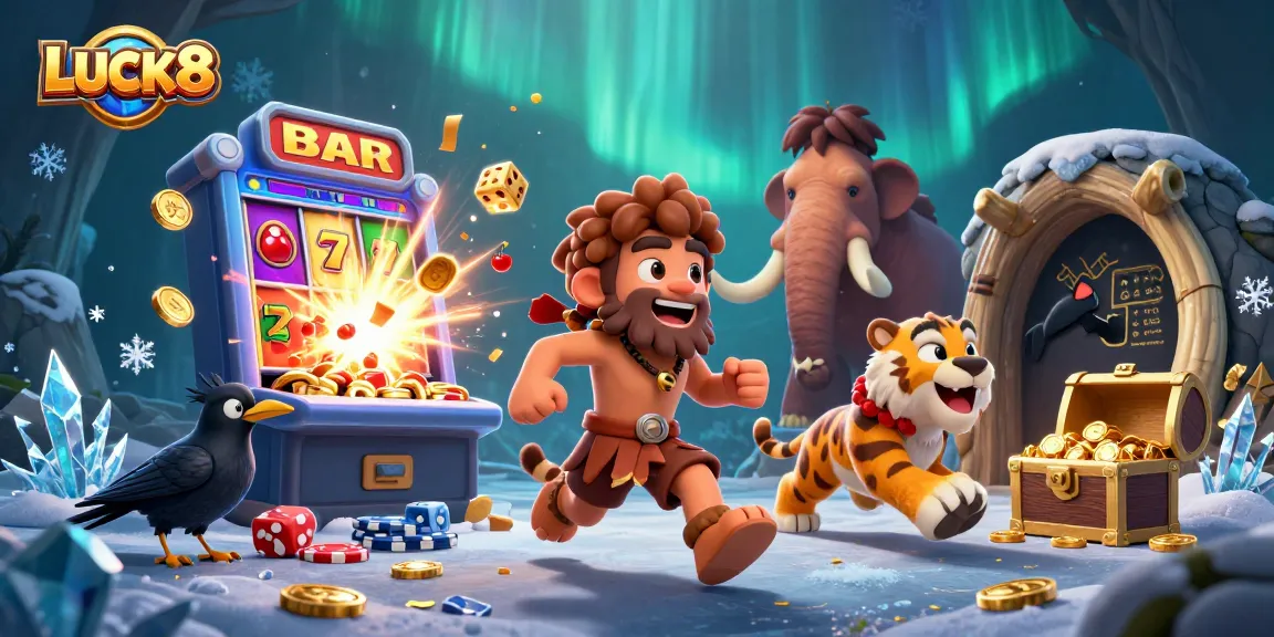 Experience LUCK8's thrilling prehistoric casino adventure with vibrant slot machines and playful characters.