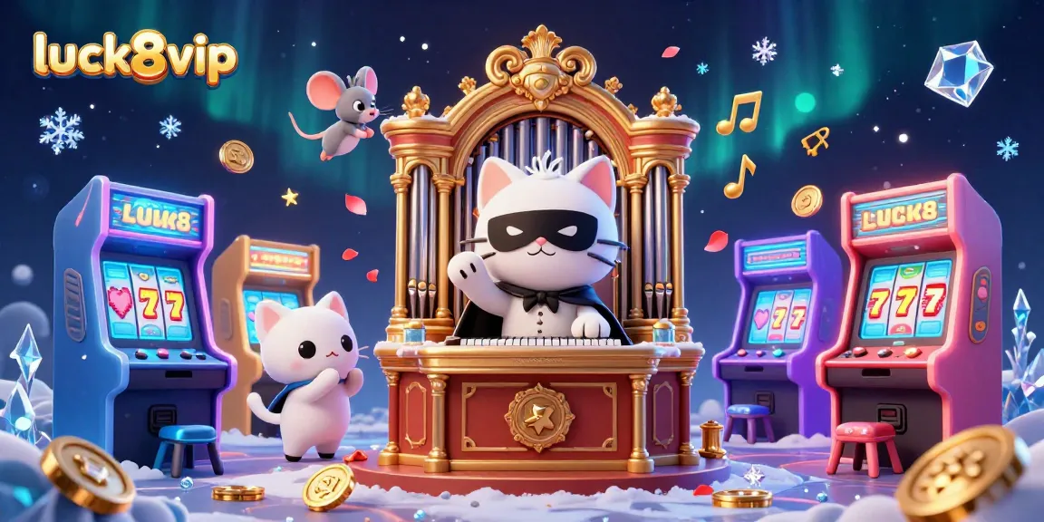 Experience thrilling gameplay at luck8vip with a cartoon cat, games, and slot elements.