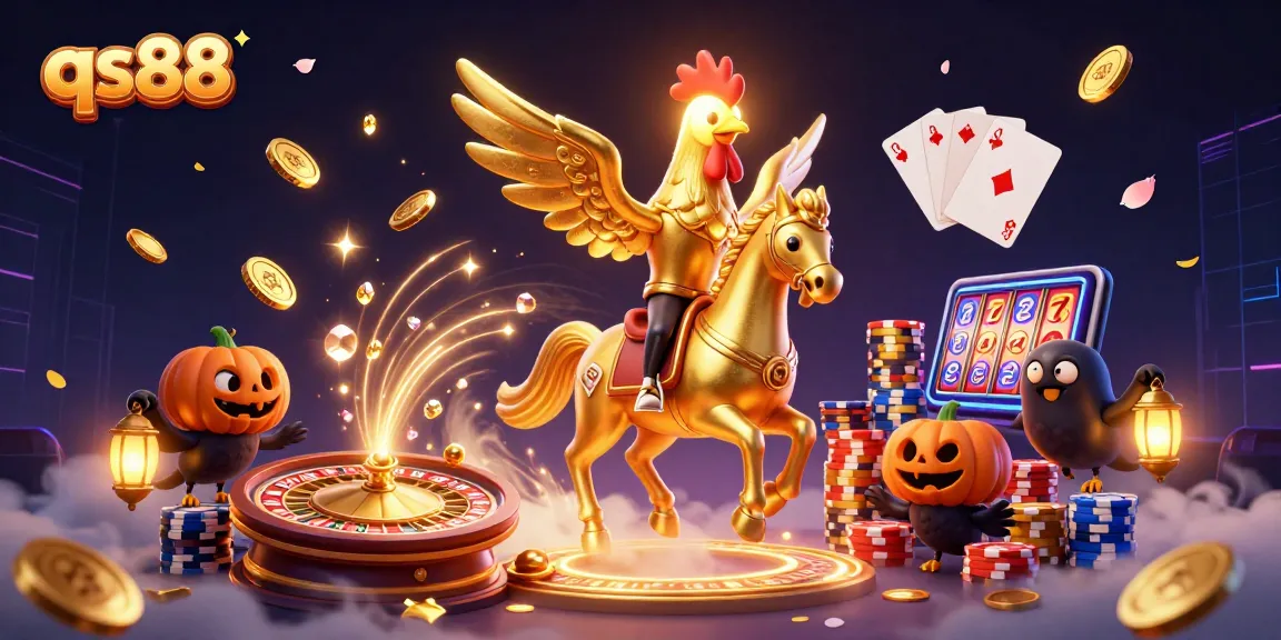 Join the excitement at qs88 with this vibrant casino scene featuring a golden rooster and its crow companions.