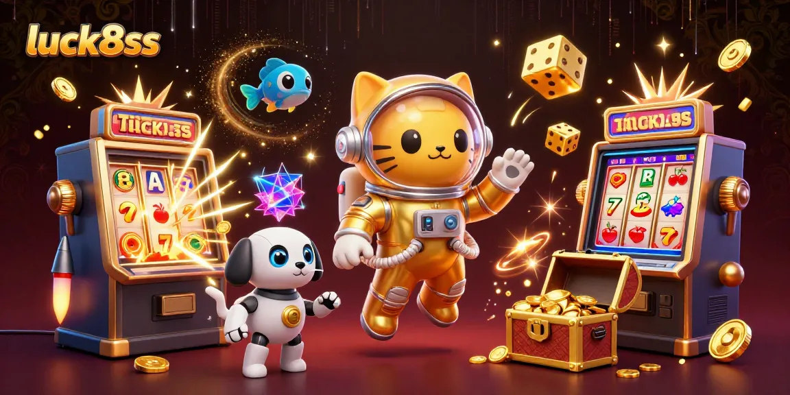 Experience excitement with luck8ss in a dynamic casino-bursting scene featuring cartoon characters and games.