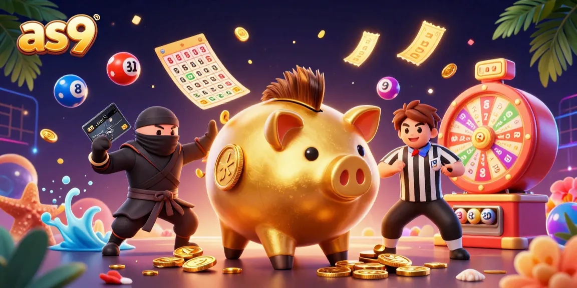 Engaging AS9 online casino illustration showcasing the excitement of gaming with golden characters and vibrant lottery elements.