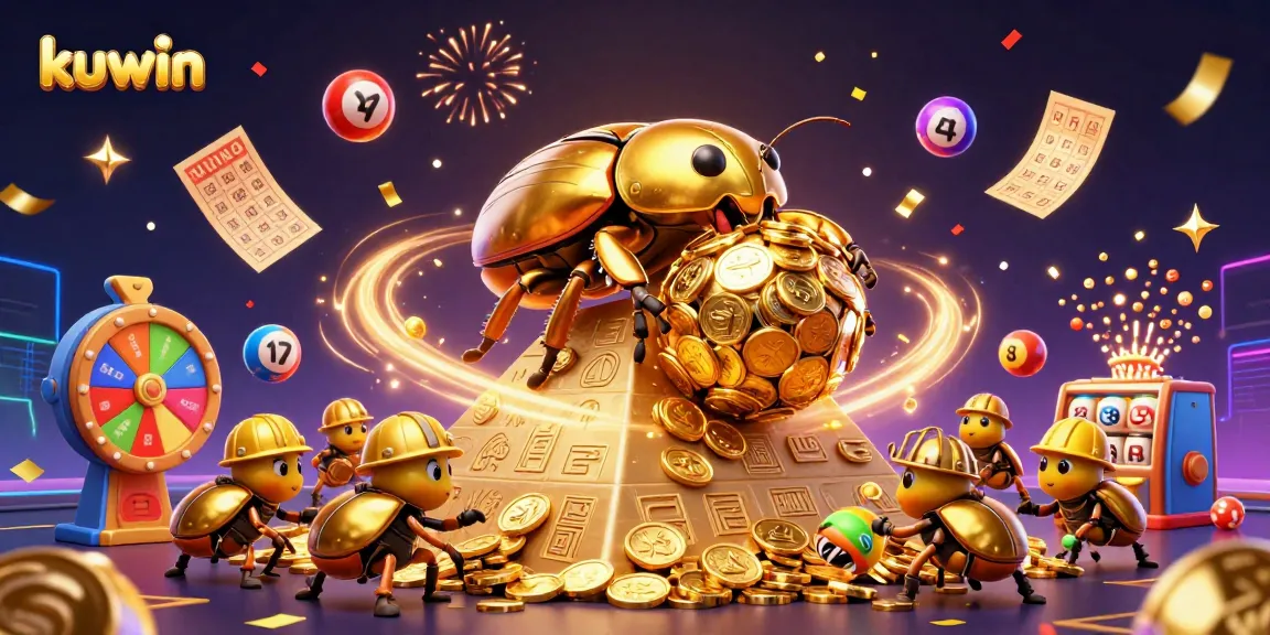 Kuwin's golden beetles celebrate big wins with coins and lottery fun in a vibrant casino scene.