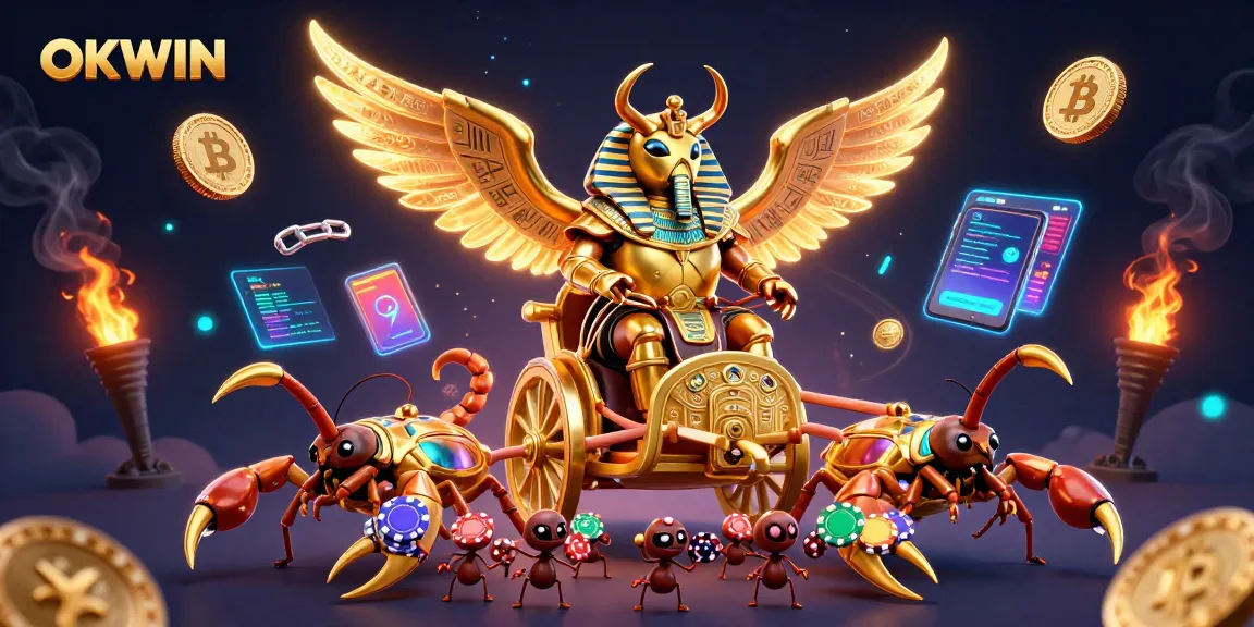 Engage with OKWIN's vibrant 3D casino adventure featuring a golden scarab and crypto elements.