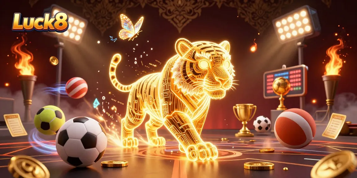 Experience excitement at Luck8 with dynamic 3D casino illustration featuring a golden tiger and vibrant sports elements.
