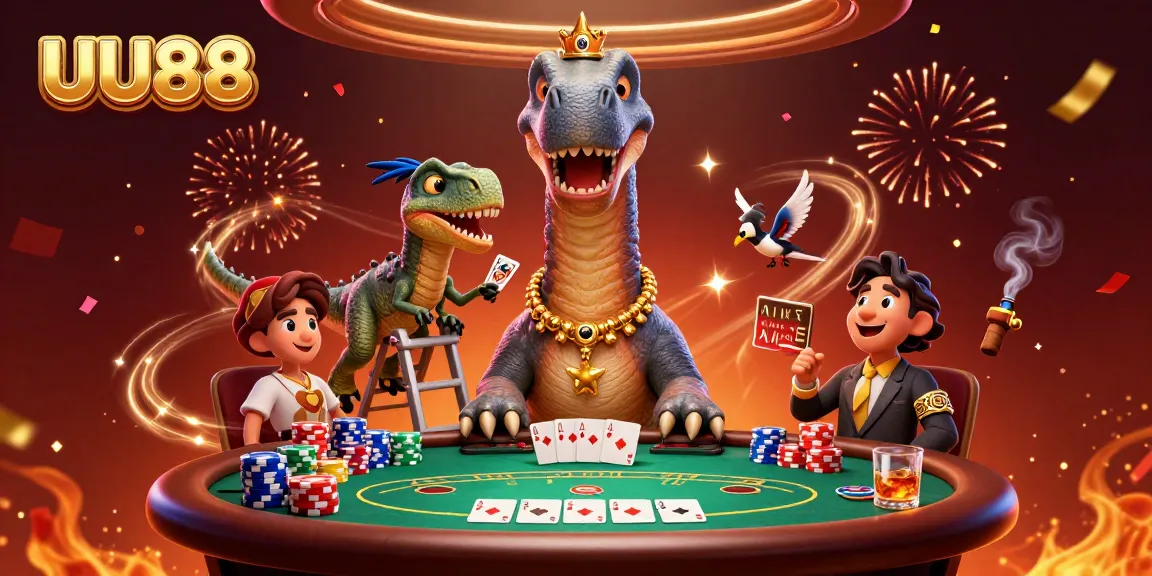 UU88 casino features a vibrant 3D scene with a brontosaurus and clever raptor amidst exciting gaming action.