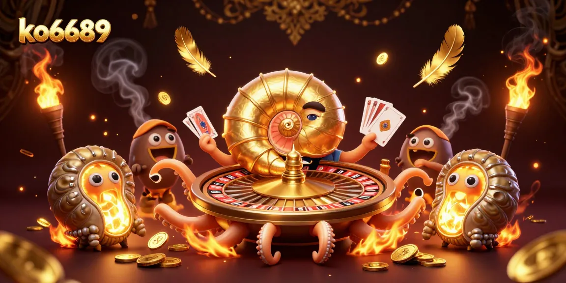 ko6689 showcases vibrant gameplay, with a giant nautilus roulette wheel and glowing ammonite companions.