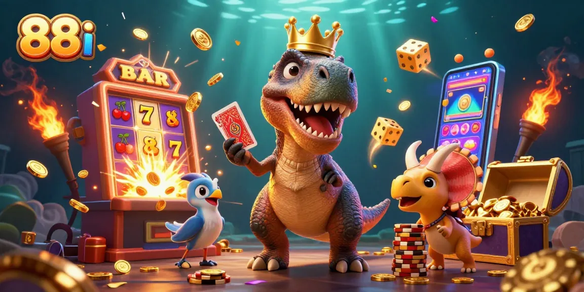 Engage with the thrilling 88 i experience as a T-Rex plays cards in a vibrant casino scene.