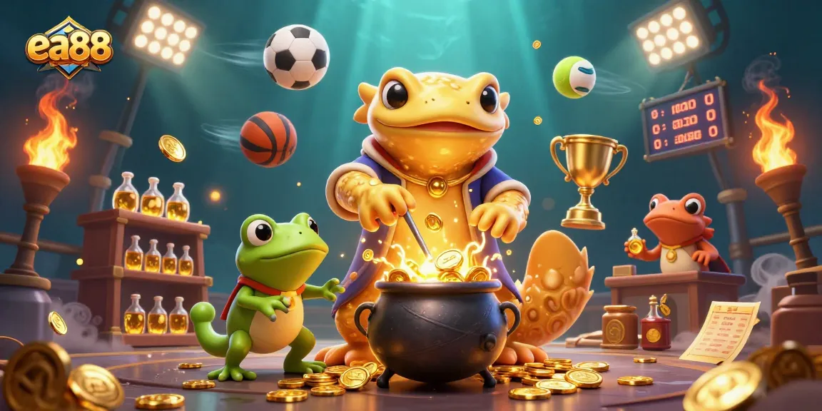 Engage with ea88 as a golden salamander alchemist transforms metals while betting slips and sports elements swirl around.