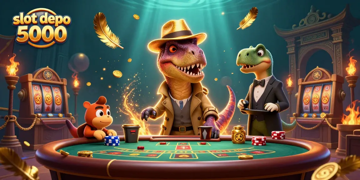 Engage with slot depo 5000 through a thrilling casino scene featuring cartoon characters and gaming elements.