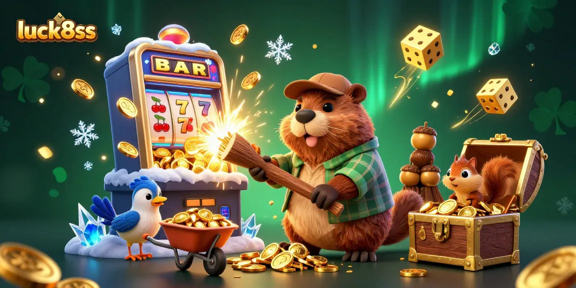 Experience luck8ss with a cartoon lumberjack beaver amidst a jackpot explosion of coins.
