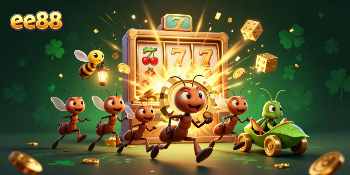 Ant team heist at ee88, carrying a poker chip, with slot machine and jackpot surrounding.