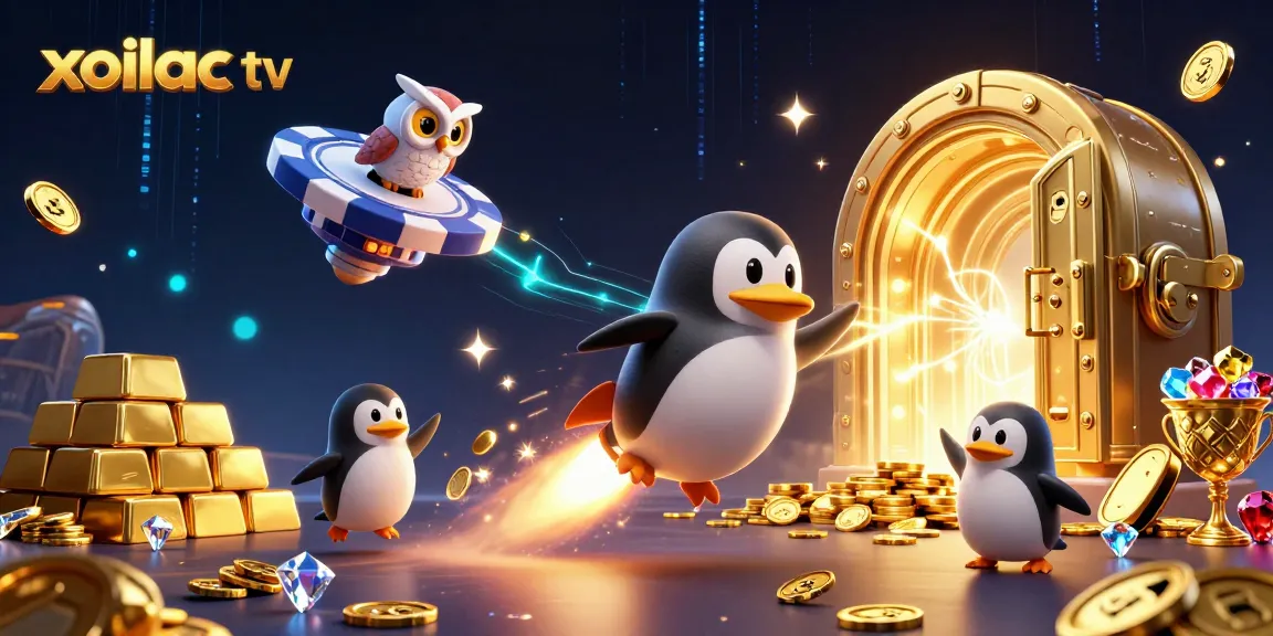 Xoilac tv showcases an engaging rocket-powered penguin on a cosmic journey toward a vibrant casino space station.