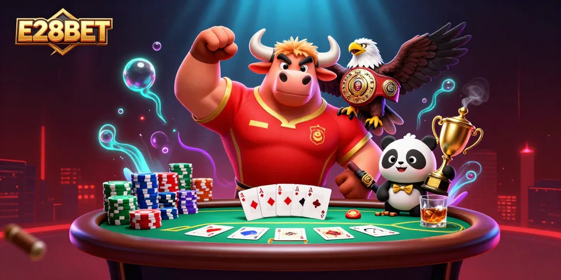 E28BET showcases a dynamic victory scene with a bull mascot, eagle, and panda in a vibrant casino