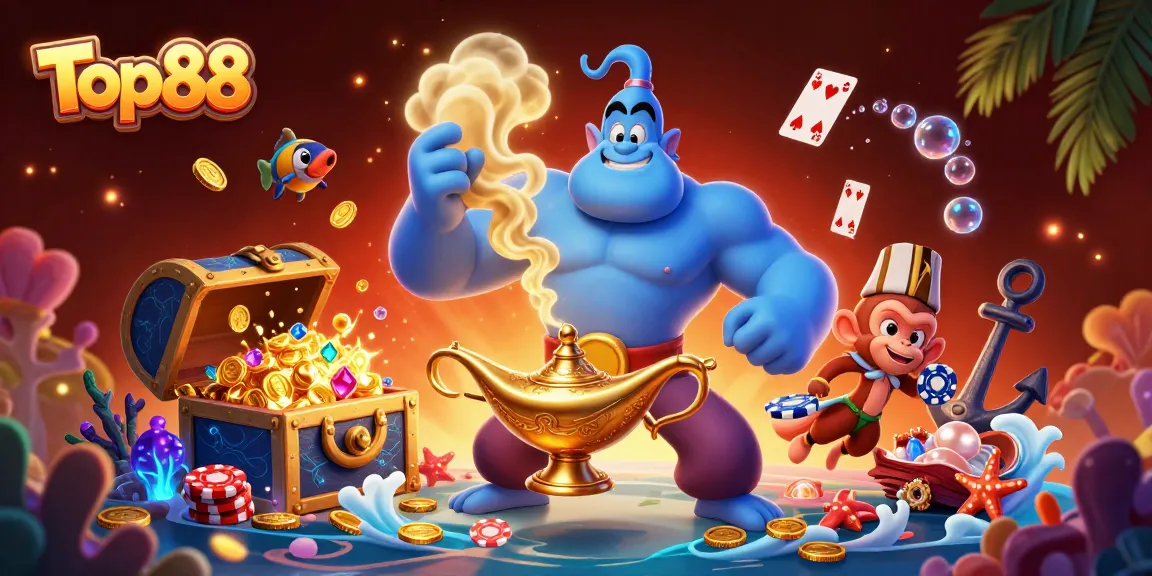 Join the excitement with Top88's captivating 3D casino illustration featuring a genie, colorful gems, and poker chips.