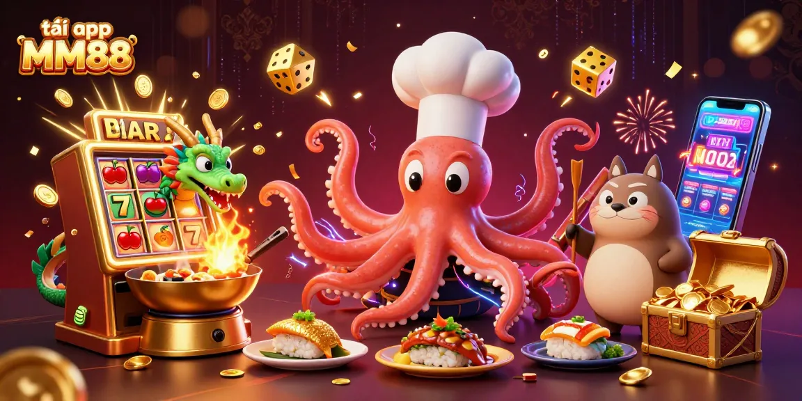 Play exciting casino games by tải app MM88, featuring a vibrant 3D illustration of characters and casino elements.