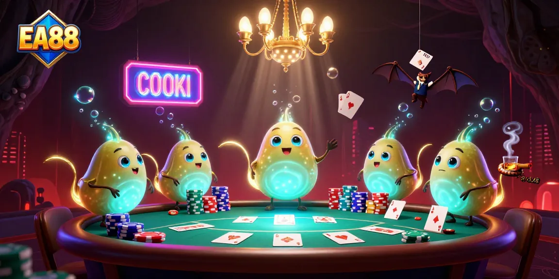 Light up your gaming experience with EA88's lively cave casino scene featuring poker games.