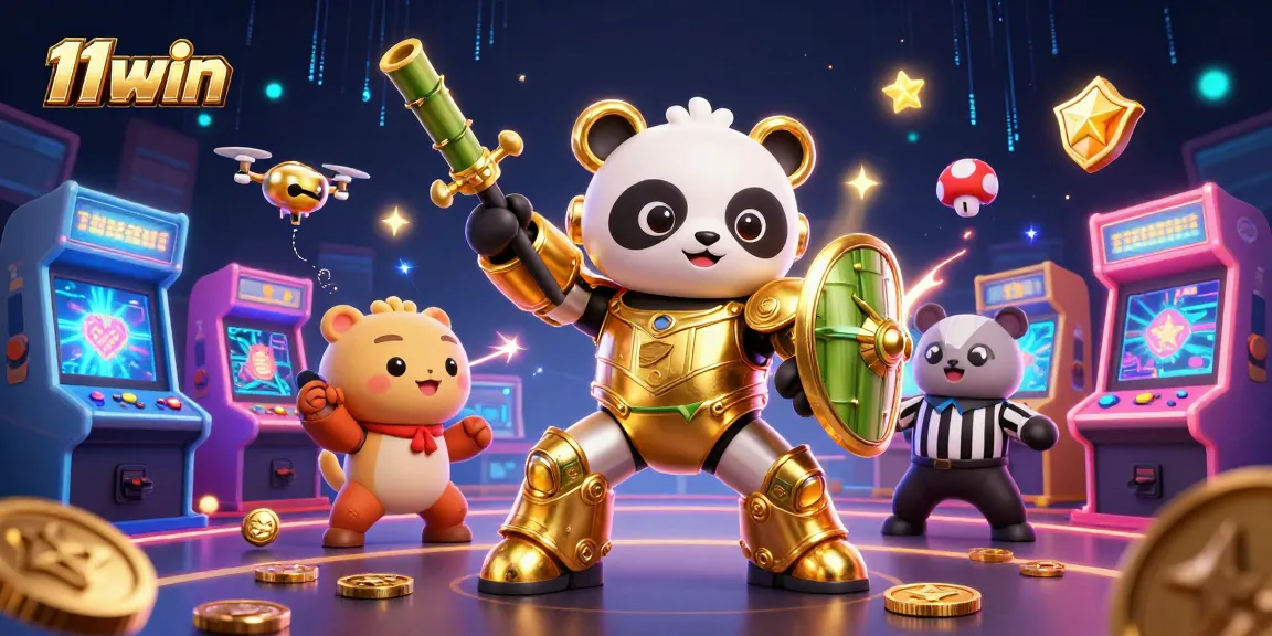 Engage in exciting gaming adventures with 11win's vibrant arcade-themed casino illustration.