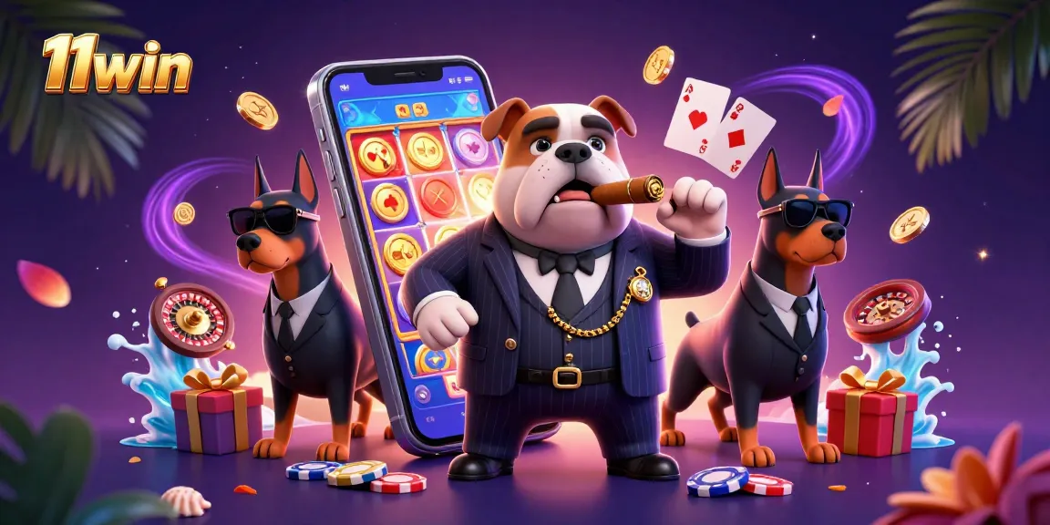 11win showcases a vibrant 3D illustration with a mafia bulldog and Doberman bodyguards amidst casino elements.
