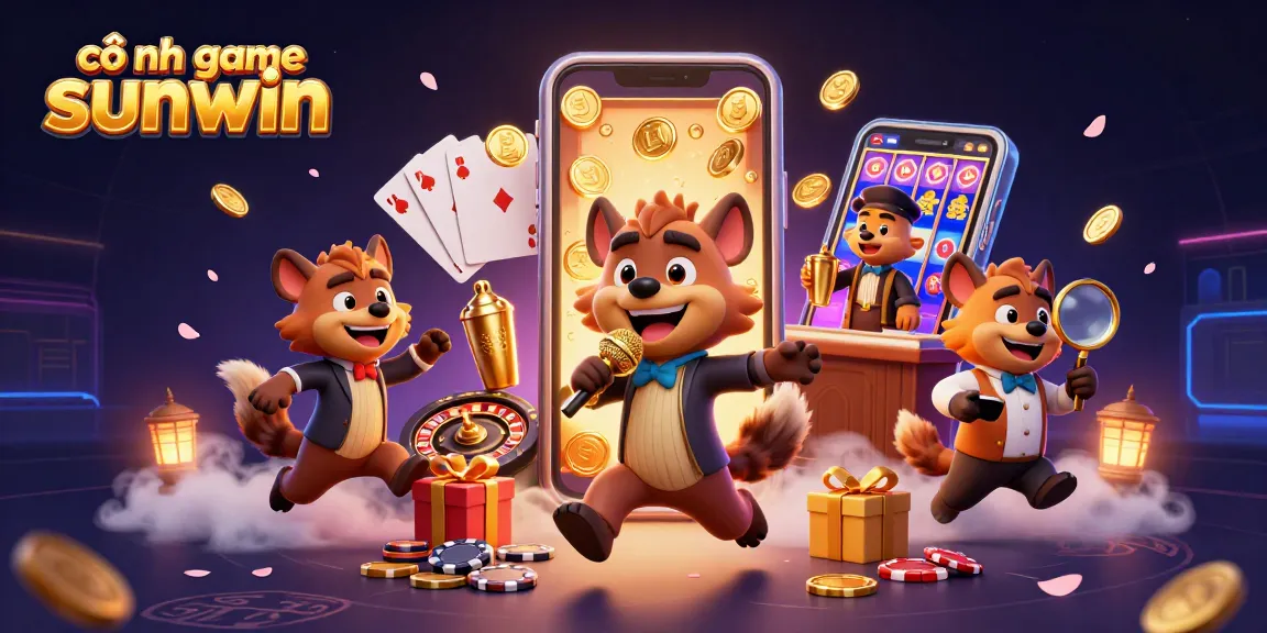 Engage with cổng game sunwin through vibrant casino graphics, showcasing a playful hyena stand-up comedy scene.